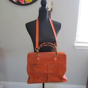 Vintage Gucci Bamboo 2Way Shoulder Tote Bag Orange Suede Leather Large Tote